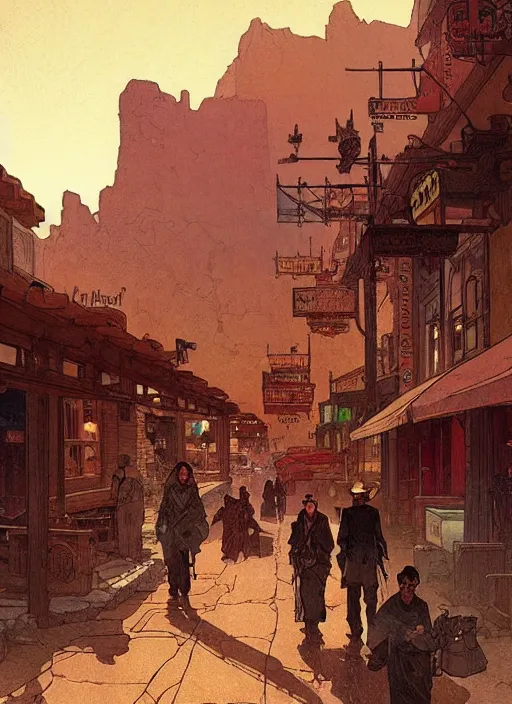 Prompt: beautiful commission of a desert western town. Atmospheric. Renowned scene illustration by greg rutkowski, thomas kindkade, alphonse mucha, loish, norman rockwell. detailed, inked, western comic book art