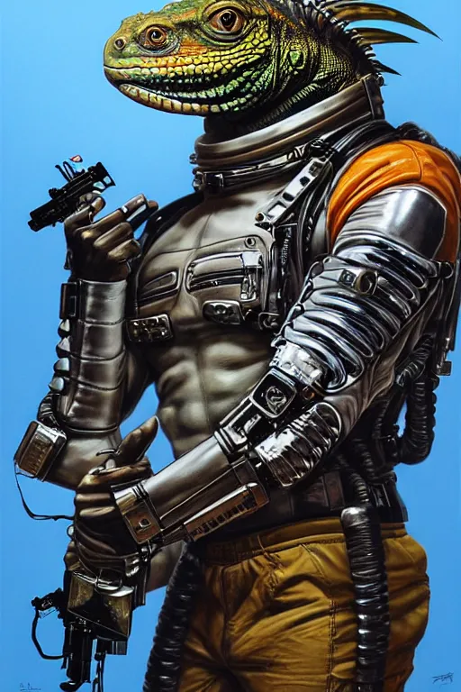 Image similar to a portrait of a muscular anthropomorphic cyberpunk iguana! in leather spacesuit armor with a large head by sandra chevrier, by jon foster, detailed render, pistol in holster, tape deck, epic composition, cybernetics, 4 k realistic, cryengine, realistic shaded lighting, sharp focus, masterpiece, by enki bilal