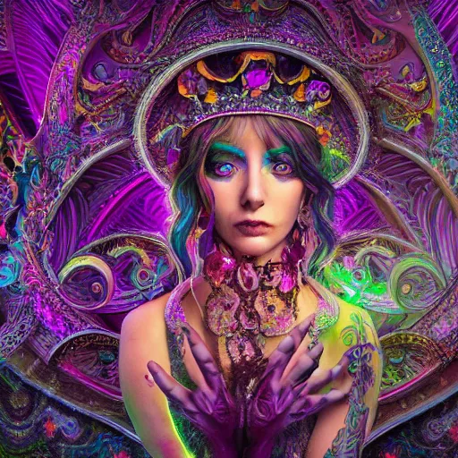 Image similar to psychadelic witch, hyper detailed, flowing psychadelic background intricate and detailed, ornate 8 k gorgeous intricate detailed, octane render