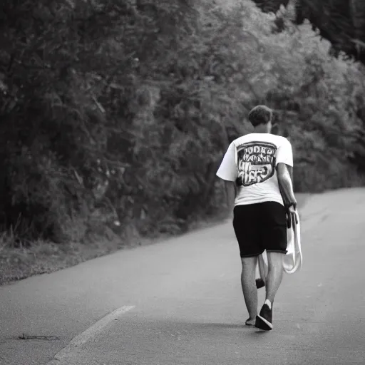 Image similar to black and white cat walking on the back of a man wearing a black t - shirt and blue shorts