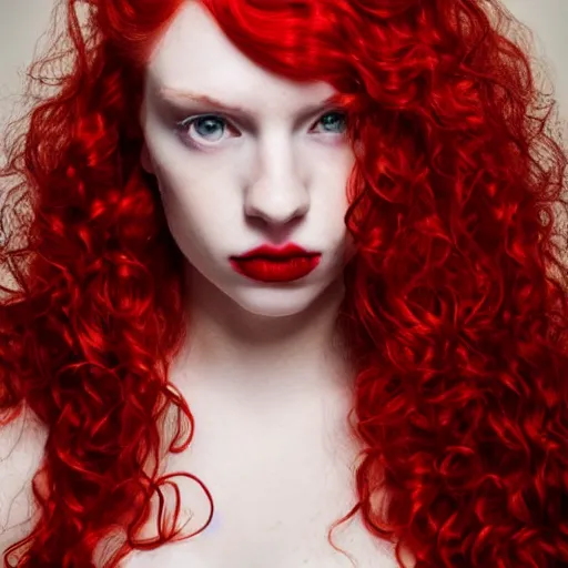 Prompt: perfect glamour model, long red wavy hair, perfect lips, pale skin, symmetrical face, dramatic, night, strong, photographic