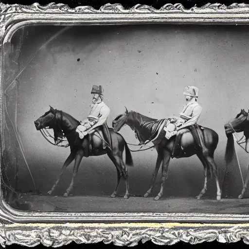 Prompt: Civil War daguerrotype of centaurs in military uniforms, photographed by Matthew Brady. The centaurs look like horses but the horse's neck and head are replaced by the top half of a man n-6