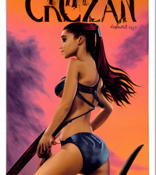 Prompt: 1 9 8 0 s fantasy novel book cover, amazonian ariana grande in extremely tight bikini armor wielding a cartoonishly large sword, exaggerated body features, dark and smoky background, low quality print