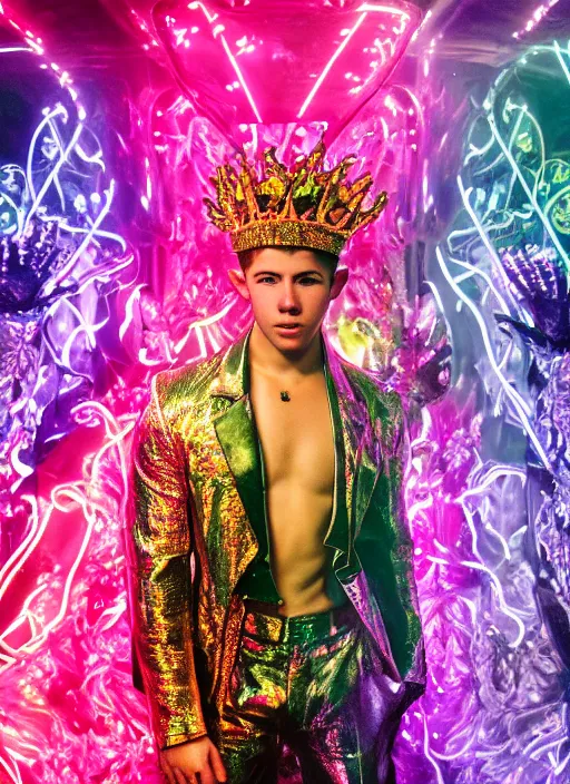 Image similar to photo of baroque and bladerunner delicate neon emerald sculpture of seductive prince nick jonas pink iridescent humanoid deity wearing metallic jungle leaves, crystal tigers, glowing rainbow lights, crown made of hands, cinematic lighting, photorealistic, octane render 8 k depth of field 3 d
