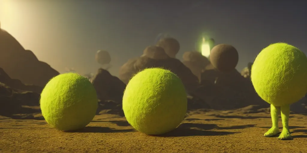 Prompt: a photo of 8 k ultra realistic tennis ball monster, tennis ball monsters, exotic, cinematic lighting, trending on artstation, 4 k, hyperrealistic, focused, high details, unreal engine 5, cinematic, alien planet atmosphere in background, 3 d render by basil gogos and beeple