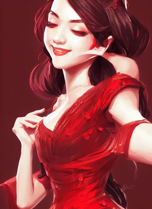 Image similar to a highly detailed illustration of hime cut black haired woman wearing red dress, dramatic smiling pose, intricate, elegant, highly detailed, centered, digital painting, artstation, concept art, smooth, sharp focus, league of legends concept art, wlop