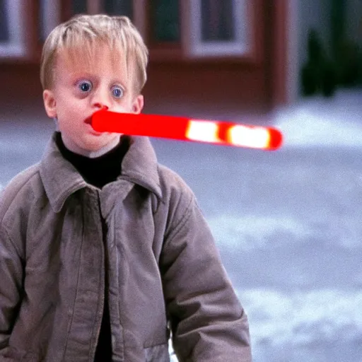 Image similar to A still of Kevin McCallister from Home Alone (1990) with a lightsaber