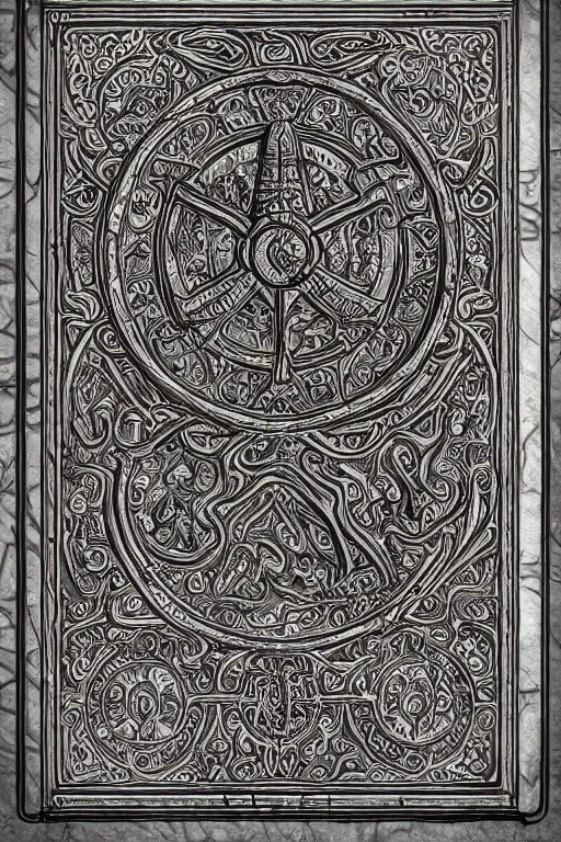 Image similar to an ancient ornate intricate old tome spell book satanic poetry with the sigil symbol of diablo emblazoned on the cover, cinematic, realistic, intricate detail, finely detailed, small details, extra detail, photorealistic, high resolution, 3 d, pbr, path tracing, volumetric lighting, octane render, arnold render, 8 k