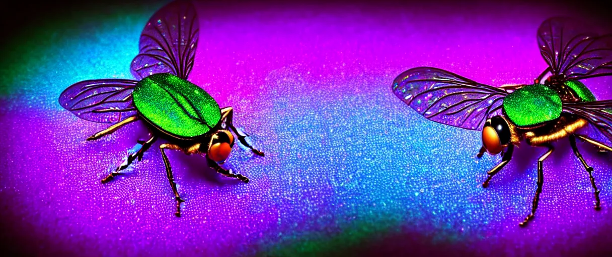 Image similar to high quality photo glowy iridescent giant fly! jeweled very beautiful! highly detailed digital art david ligare elson peter cinematic purple neon lighting high quality low angle hd 8k sharp shallow depth of field