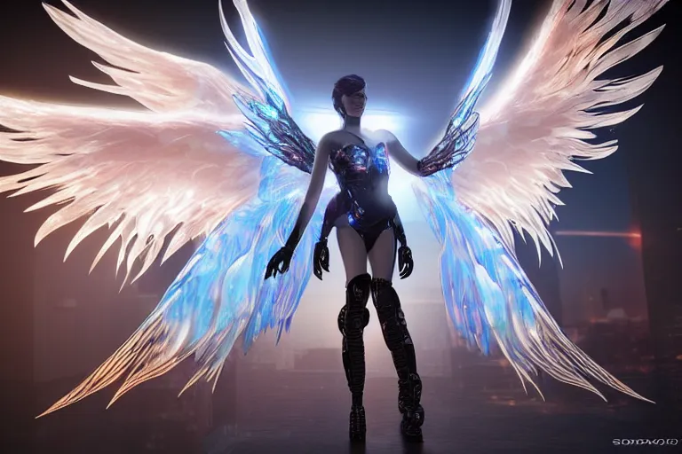 Prompt: cyberpunk angel with flaming wings concept, futuristic look, highly detailed body, very powerful, photorealistic camera shot, bright studio setting, studio lighting, crisp quality and light reflections, unreal engine 5 quality render