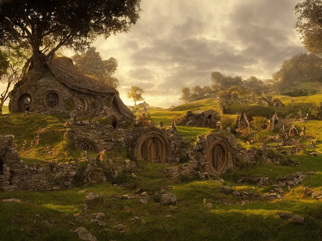 Image similar to Hobbiton in ruins, evening, detailed matte painting, cinematic, Alan Lee, Artstation