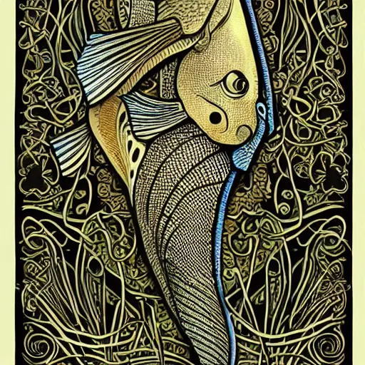 Image similar to A very detailed Art Nouveau illustration of a fish, intricate patterns