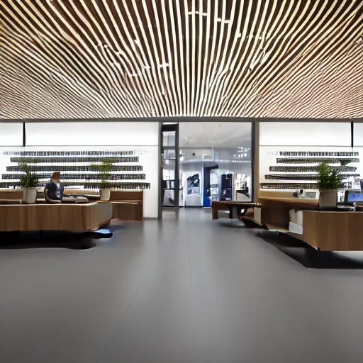 Image similar to A flagship Samsung store. black walls. timber floor. high ceilings with spots. wood furniture with large digital screen. display tables with phones and tablets, pots with plants, digital screens on the walls, Architectural photography. 14mm. High Res 8K. award winning architectural design, inspired by Arne Jacobsen, Niels Otto Møller, Verner Panton, Scandinavian Design, Retaildesignblog.net