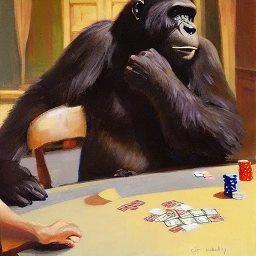 Image similar to gorrila with a bear, playing poker highly detailed beautiful, by gregory manchess, james gurney, james jean