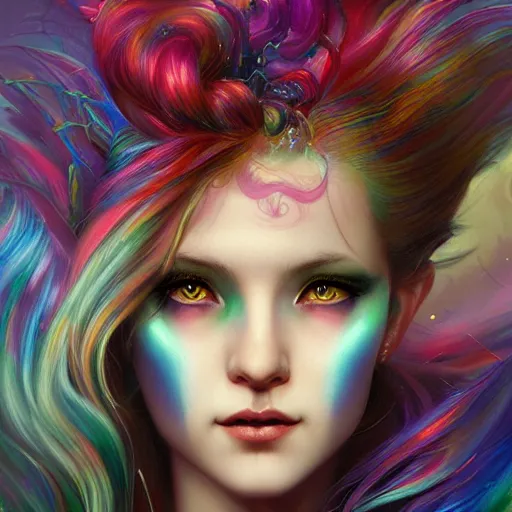 Image similar to demon goddess with rainbow windswept hair portrait surrounded by crystals, hyper - detailed, cgsociety, 8 k, high resolution, in the style of charlie bowater, tom bagshaw, norman rockwell, gerald brom, adam hugh