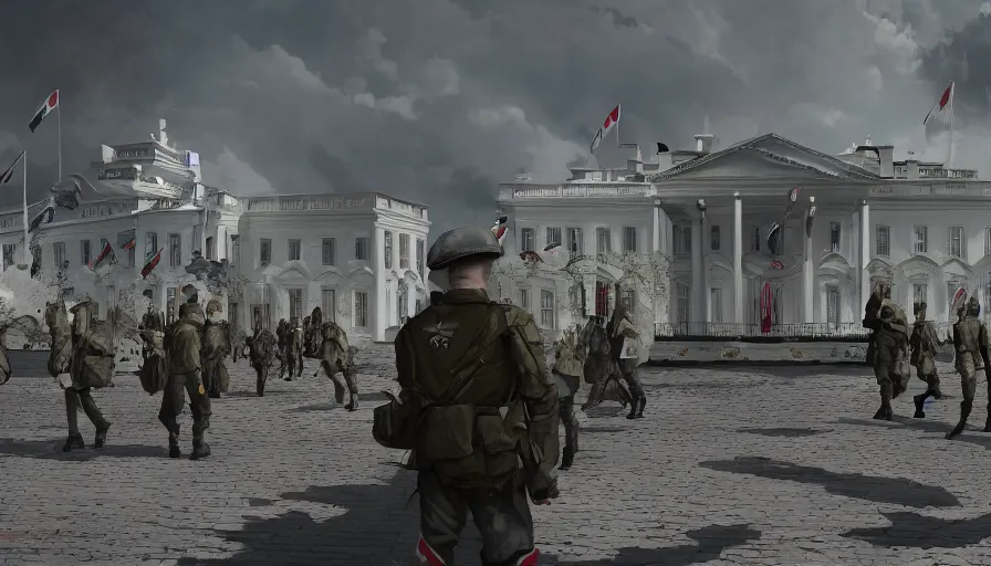 Image similar to white house with nazi flags and german soldiers walking around, hyperdetailed, artstation, cgsociety, 8 k