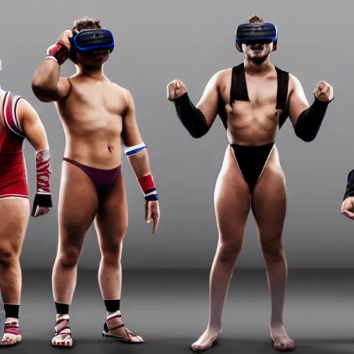 Image similar to shrugging wrestlers wearing vr headsets professionally illustrated by jonathan bruns