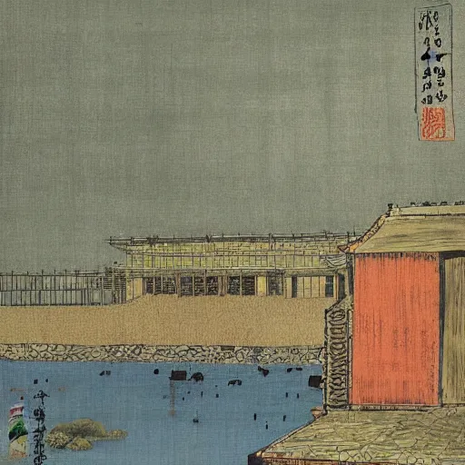 Image similar to a chinese prison near a river by peter doig : : 1 0 and ukiyo - e : : 1, muted colors