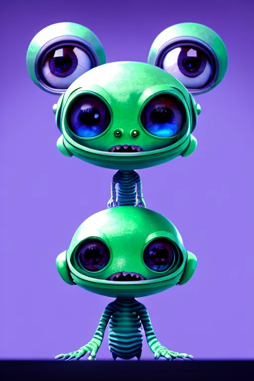 Prompt: a tiny cute technopunk alien with big eyes smiling waving, back view, isometric 3 d, ultra hd, character design by mark ryden pixar hayao miyazaki, unreal 5, daz, hyperrealistic, octane render, cosplay, rpg portrait, dynamic lighting, intricate detail, summer vibrancy, cinematic, symmetrically isometrically centered