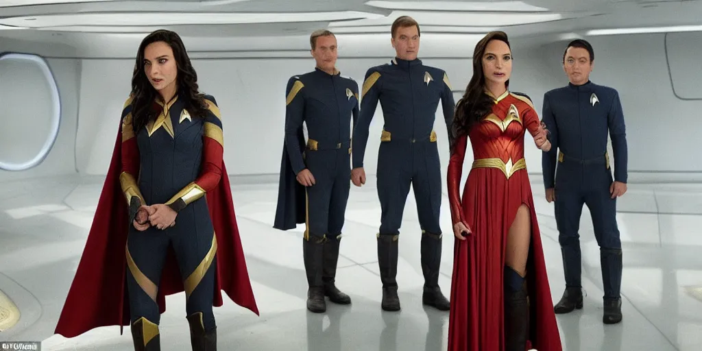 Image similar to gal gadot, in full starfleet uniform, is the captain of the starship enterprise in the new star trek movie