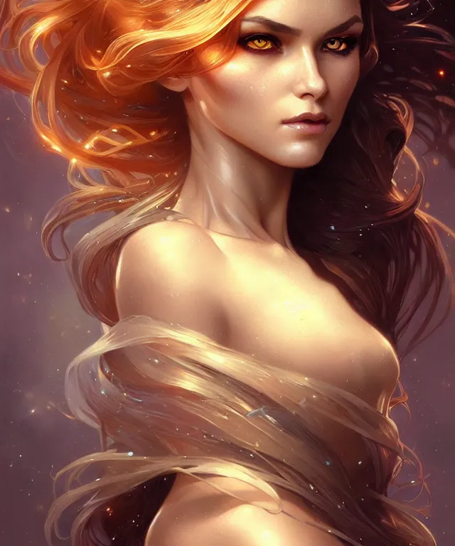 Image similar to fantasy magic woman portrait, sci-fi, amber eyes, face, long hair, fantasy, intricate, elegant, highly detailed, digital painting, artstation, concept art, smooth, sharp focus, illustration, art by artgerm and greg rutkowski and alphonse mucha