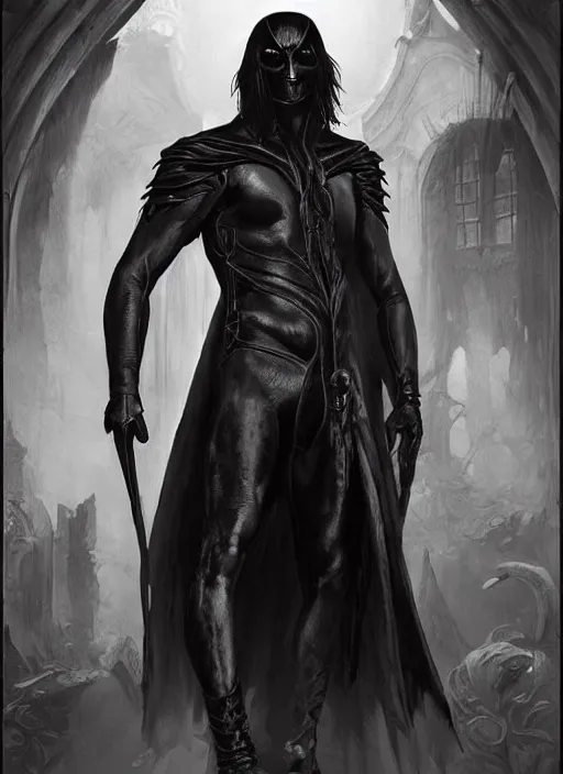 Prompt: elegant renaissance concept art of a male young muscular the crow 1 9 9 4, full figure dynamic fighting pose, pale skin!, gothic, black overcoat, fantasy, intricate, highly detailed, wrapped in leather belts, digital painting, artstation, smooth, sharp focus, illustration, art by artgerm and greg rutkowski and alphonse mucha