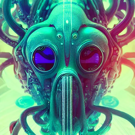 Image similar to portrait of a squid monster. intricate abstract. cyberpunk, vhs glitch. intricate artwork. by Tooth Wu, wlop, beeple, dan mumford. octane render, trending on artstation, greg rutkowski very coherent symmetrical artwork. cinematic, hyper realism, high detail, octane render, 8k