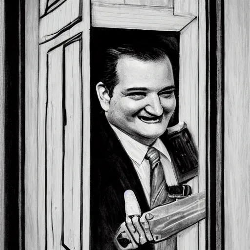 Image similar to Ted Cruz with a wide grin wielding a hatchet peaking through a door in the distance at the end of a narrow corridor, black and white, creepy lighting, scary, horror, ornate, eerie, fear, oil painting