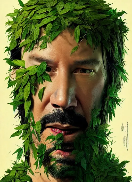 Image similar to highly detailed comedy caper movie poster with silly wacky zany keanu reeves as a sentient pile of leaves, keanu reeves green face as tree sentient leafy bush by greg rutkowski, masterpiece, really funny, 1 0 / 1 0 comedy