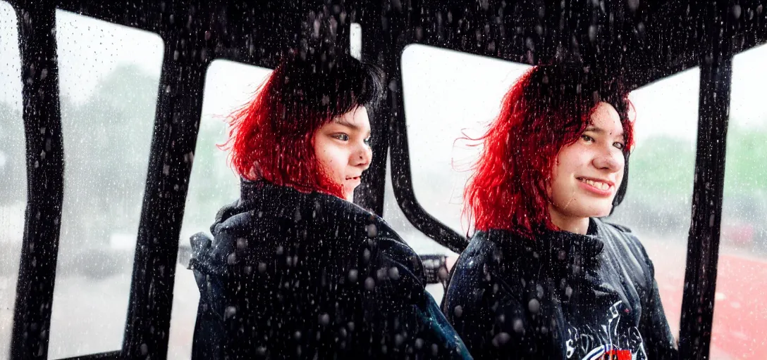 Prompt: Girl with red and black hair riding the bus on a rainy day, 8k photography, wide-shot