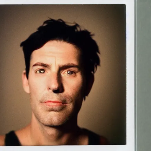 Prompt: a professional polaroid portrait photo of a good looking man with an asymmetrical face with his eyes closed. the man has black hair, freckled skin and a look of panic on his face. extremely high fidelity. key light. rainbow light bleed, film burn.