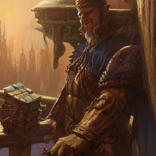 Image similar to D&D Merchant selling you his wares, fantasy closeup character art by Neil Roberts and Marc Lee and Vladimir Krisetskiy and Donato Giancola and Craig Mullins, digital art, trending on artstation