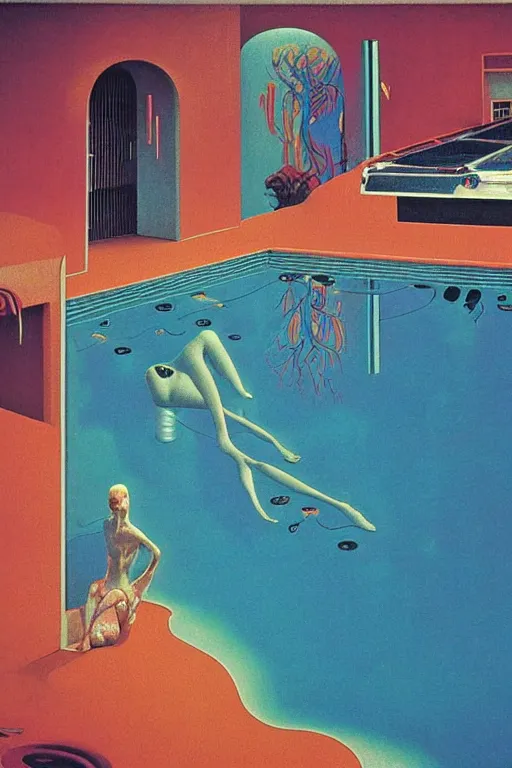 Image similar to 8 0 s art deco motel with swimmingpool, cinematic dramatic cyberpunk textural fluid lines otherworldly vaporwave interesting details fantasy lut epic composition by basquiat zdzisław beksinski james jean artgerm rutkowski moebius francis bacon gustav klimt