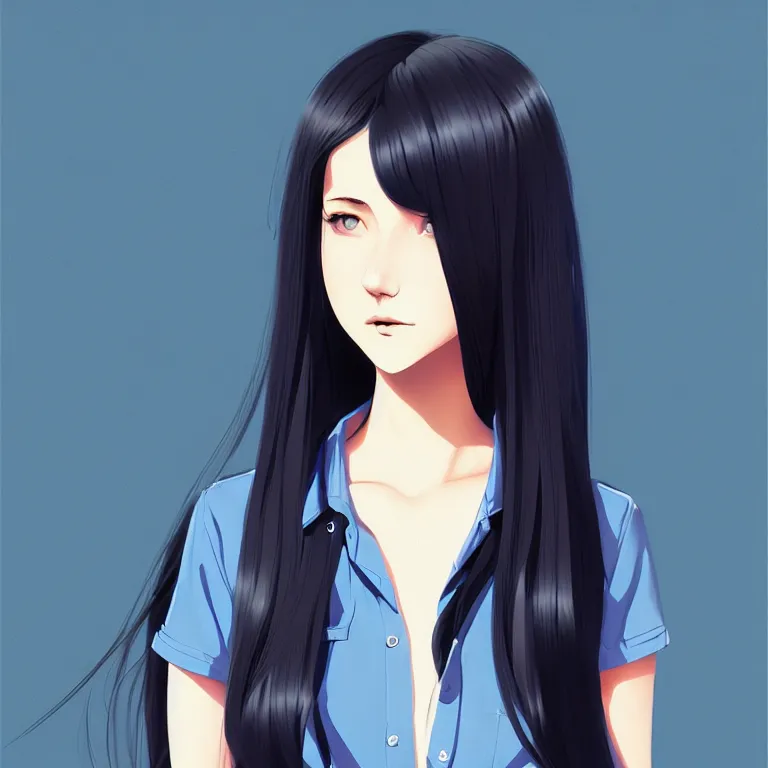 Image similar to urban high school girl in shirt fanart, dark blue long hair, muted colors, matte print, pastel colors, ornate, digital art, digital painting, fan art, elegant, artstation, by Ilya Kuvshinov