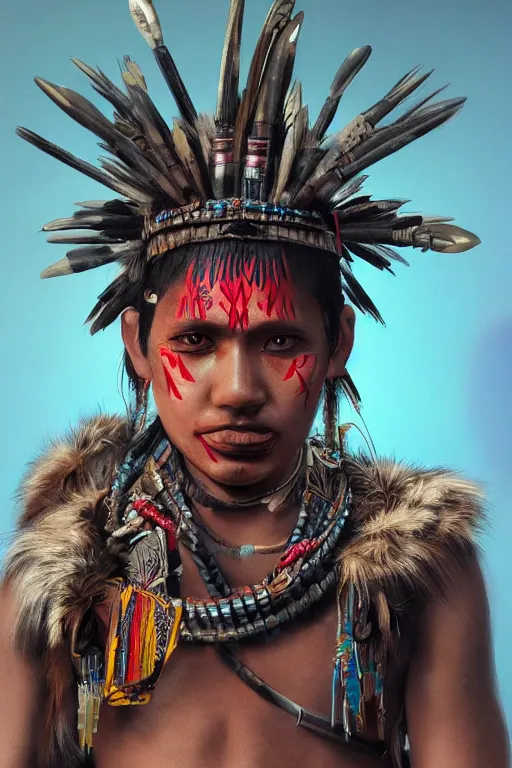 Prompt: a young tribal warrior with warpaint and neon ornamental markings in neotokyo by artist katsuhiro otomo, cinematic lighting, trending on artstation, 8 k,