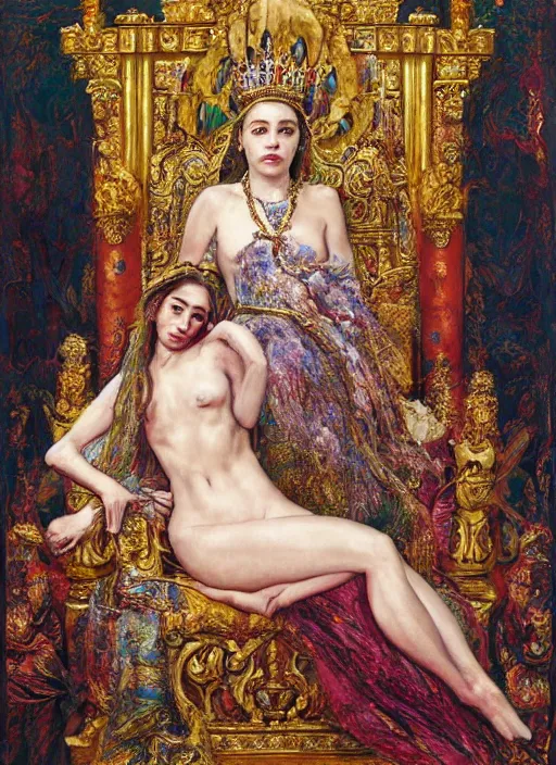 Prompt: oil painting of portait Queen of Ecstasy in a large throne room, Hungarian, Emilia Clarke by Yoshitaka Amano, by Georgia o Keeffe, by Gustave Moreau