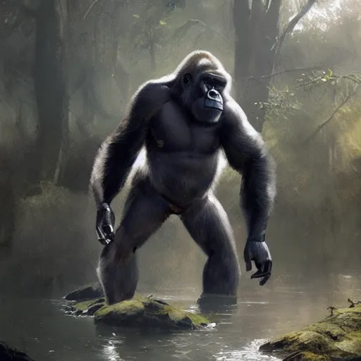 Image similar to a painting of a gorilla, greg rutkowski, cinematic lighting, hyper realistic painting