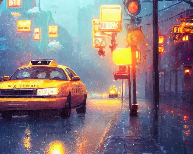 Image similar to one single taxi cab driving down a rainy country road, gaslight, street lamps. Anime, By Makoto Shinkai, Stanley Artgerm Lau, WLOP, Rossdraws, James Jean, Andrei Riabovitchev, Marc Simonetti, krenz cushart, Sakimichan, trending on ArtStation, digital art.