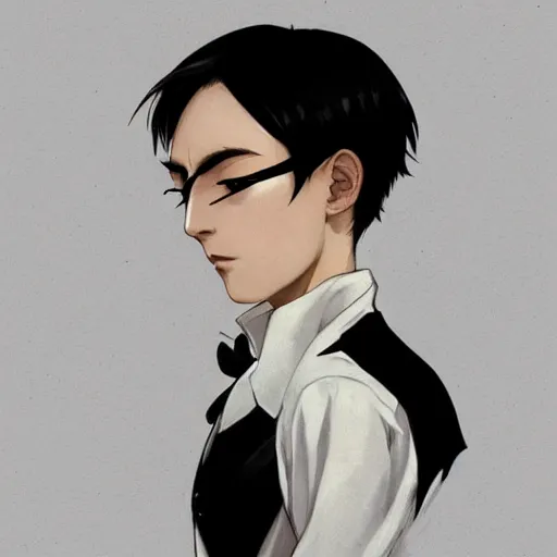 Image similar to Levi Ackerman, south Korean male, wearing a black and white maid dress, short, short hair, pointy nose, annoyed. elegant. highly detailed, digital painting, artstation, concept art, smooth, sharp, focus, illustration. art by artgerm and greg rutkowski alphonse mucha and Marat Safin