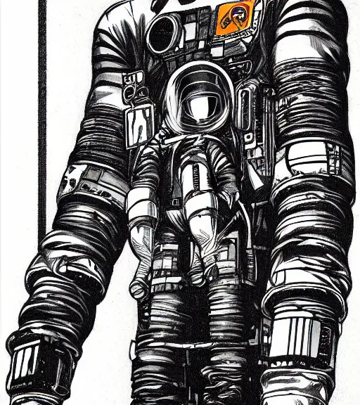 Prompt: cyberpunk japanese astronaut with long limbs and a black spacesuit on a spacewalk outside of their ship, techwear, Industrial Scifi, detailed illustration, character portrait, by Martin Grip and Moebius