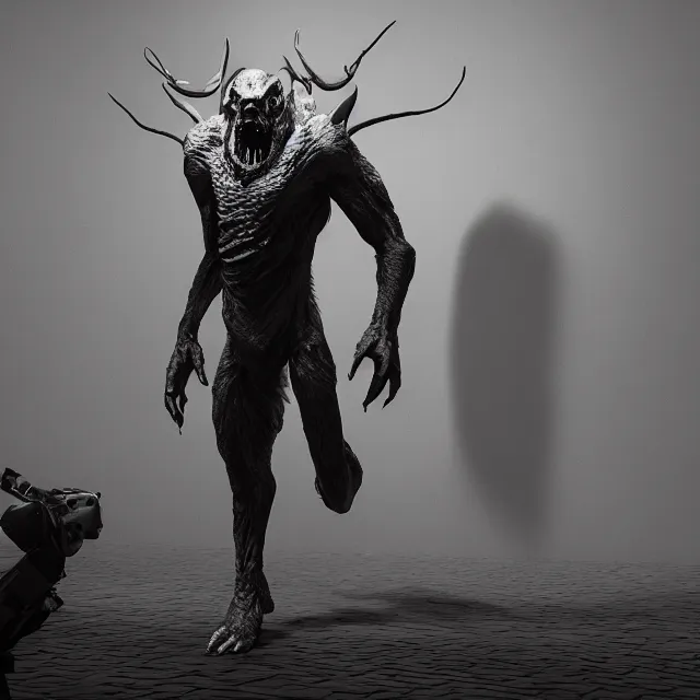 Image similar to ultra realistic monster designed by balenciaga, dark cinematic, volumetric, realistic, 3 d render, cinematic lighting, ray tracing, cinematic, unreal engine 5, unreal engine render, octane render, hd, photorealism, hyper realistic, photo, 8 k