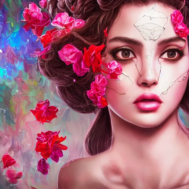 Image similar to studio portrait absurdly beautiful, elegant, lovely, young hypercolorful sensual latina idol rubies red petals gems, ultrafine hyperrealistic detailed face illustration by kim jung gi, irakli nadar, intricate linework, sharp focus, bright colors, matte, octopath traveler, final fantasy, unreal engine highly rendered, global illumination, radiant light, intricate rainbow environment