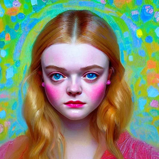 Image similar to professional painting of Elle Fanning in the style of Victor Nizovtsev, head and shoulders portrait, symmetrical facial features, smooth, sharp focus, illustration, intricate, stormy weather, extremely detailed masterpiece,