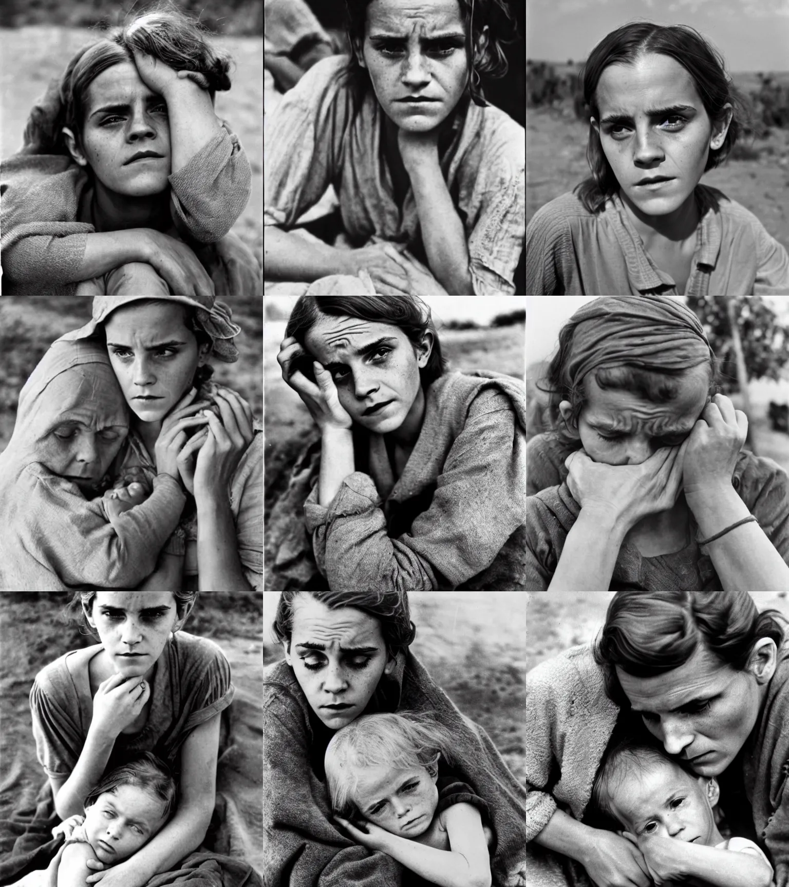 Prompt: Old, wrinkled exhausted Emma Watson as migrant mother, 1936 photo by Dorothea Lange