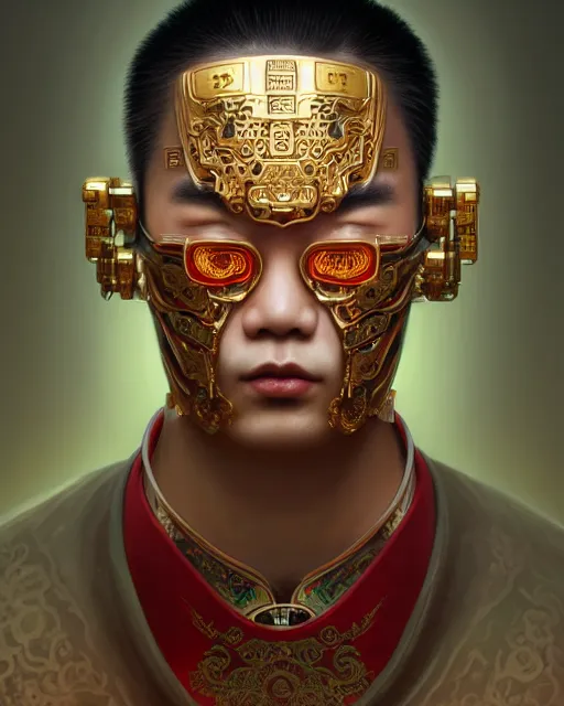 Prompt: portrait of a chinese masculine male cyberpunk machine, machine face, upper half portrait, decorated with chinese opera motifs, muscular, asian, fine china, wuxia, traditional chinese art, intricate, elegant, highly detailed symmetry headpiece digital painting artstation concept art smooth sharp focus illustration, art by artgerm and greg rutkowski alphonse mucha 8 k