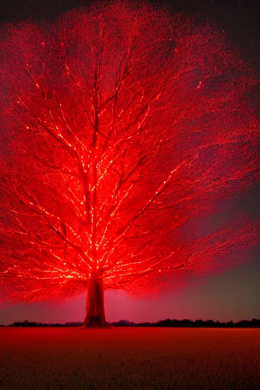 Image similar to A giant glowing red tree made out of light in the center of a corn field blasting off into space, 8K UHD