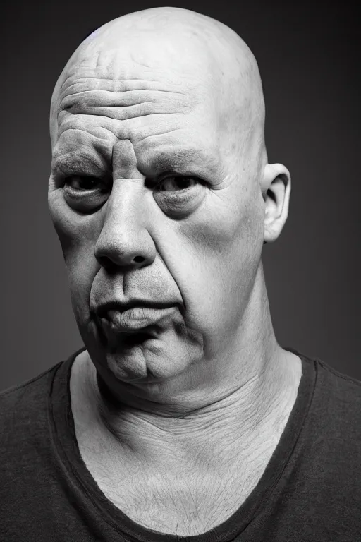 Image similar to studio portrait of man that looks excactly like homer simpson, lookalike, as if homer simpson came to life, soft light, black background, fine details, close - up, award winning photo by eric lafforgue