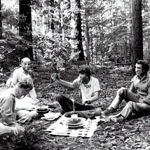 Prompt: ted bundy having a picnic at bohemian grove