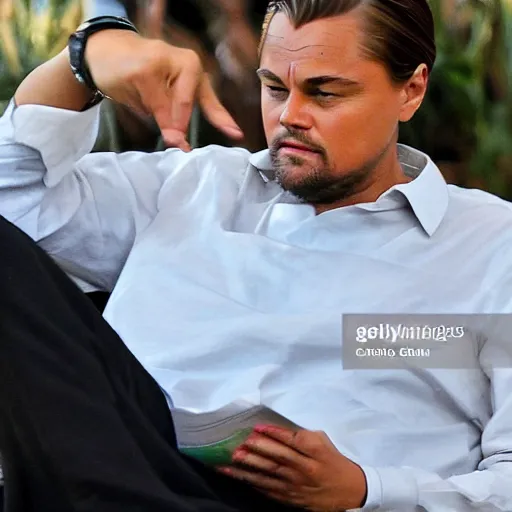 Image similar to Leonardo DiCaprio drinking wine and reading the news photo