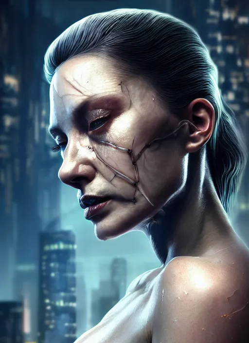 Prompt: 3 / 4 portrait, queen, crown, translucent skin, muscle, bones, veins, nerves, hyperrealism, exoskeleton, detailed, photorealistic, cyberpunk apocalyptic city, futuristic, ultra realistic, cinematic, intricate, cinematic light, unreal engine 8 k, octane render, unreal engine by charlie bowater, david kostic, stanley lau, artgerm